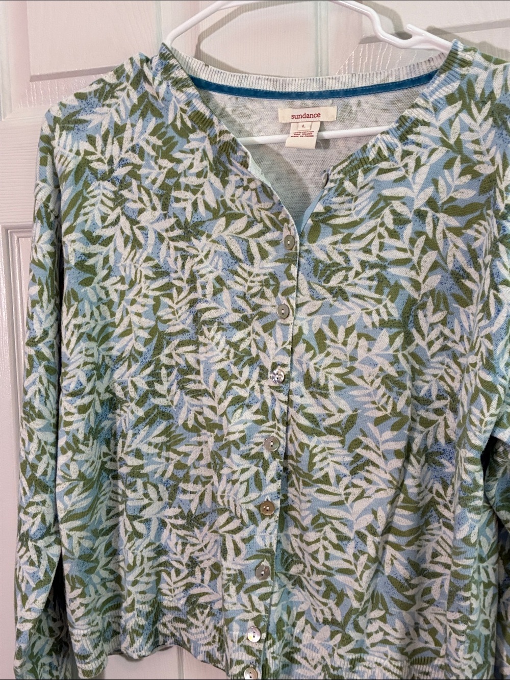 Sundance Large 100% Cotton Green and Light Blue Leaf-Print Button Cardigan
